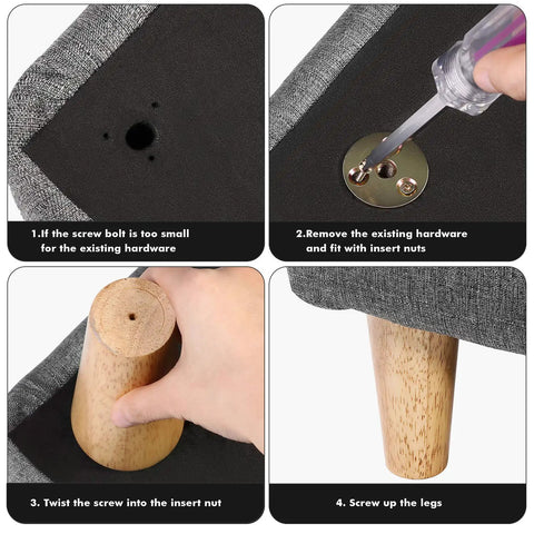 Installation steps for 5 Inch Solid Wood Furniture Legs Set Of 4 Durable Mid Century Style Replacement Legs for sofa.