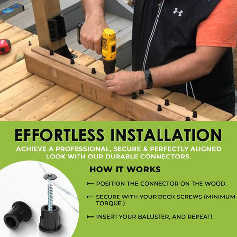 Man installing Baluster Connectors For 3/4 Inch Metal Balusters Black Polypropylene For Stairs And Decks using power drill