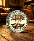 Natural Wood Polish And Scratch Repair Balm No Sweat Quick Fix Furniture Wax Erases Water Rings on a polished wood surface.