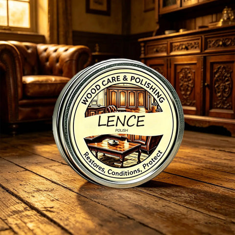 Natural Wood Polish And Scratch Repair Balm No Sweat Quick Fix Furniture Wax Erases Water Rings on a polished wood surface.