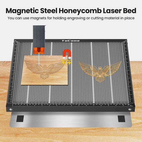 ToCome honeycomb laser bed, steel 500x500x22 mm, front view with ruler-edged frame