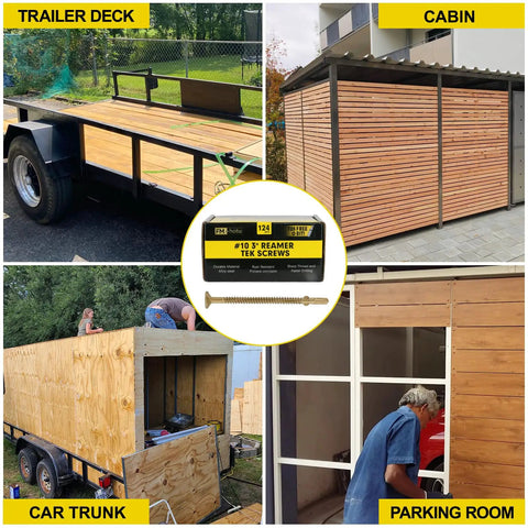 Heavy Duty Hex Washer Deck Screws For Wood To Metal Fastening With Replacement Star Bits Corrosion Resistant Zinc Coating shown on trailers and cabins.
