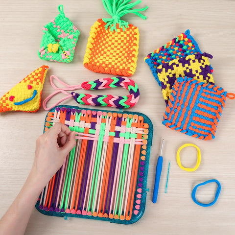 Easy Potholder Loom Craft Kit For Kids And Beginners with rainbow loops, weaving tool, and completed colorful potholders.