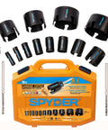 Spyder 18-piece tungsten carbide hole saw kit with rapid core eject in orange case; includes 12 saws, 2 arbors