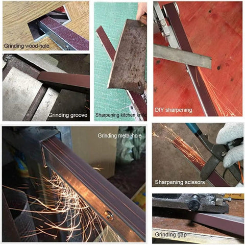 Rock Solid Angle Grinder To Belt Sander Adapter Clamps Securely For Table Mounting shown in various DIY grinding and sharpening tasks.