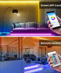 Ultra Long 150ft RGB LED Strip Lights With Bluetooth App Control, Music Sync, shown in living room with colorful lighting effects