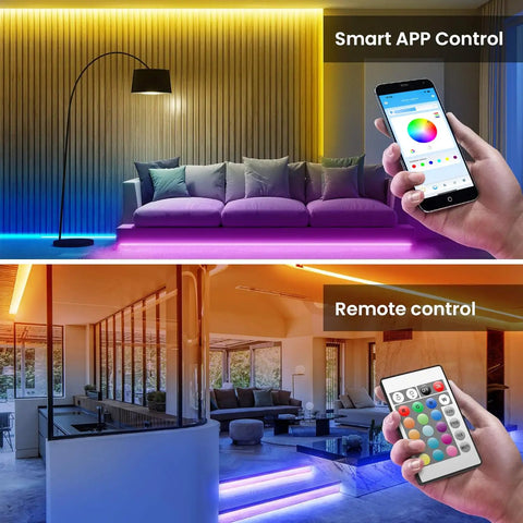 Ultra Long 150ft RGB LED Strip Lights With Bluetooth App Control, Music Sync, shown in living room with colorful lighting effects