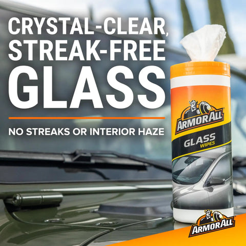 Container of Armor All Glass Wipes from All In One Car Cleaning Kit With Wash And Wax Glass Wipes Tire Foam And Protectant Four Piece Auto Detailing Set.