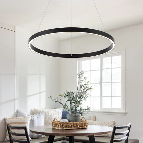 Modern LED Ring Chandelier With Uplight And Downlight, Black Dimmable Circular Pendant Light above dining table