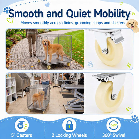 Heavy Duty Dog Crate Dolly With Rollin Wheels And Polished Chrome Casters 42 By 24 Inch Mobile Pet Transport Cart for K9 kennels on smooth path.