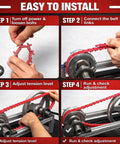 Four-step guide showing installation of an adjustable half-inch wide 10 feet V-belt on machinery, featuring easy setup instructions.