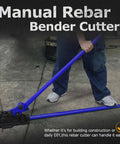 Heavy Duty Manual Rebar Cutter And Bender Tool With Removable Shears leveling rebar on a workbench, 5/8 inch capacity.