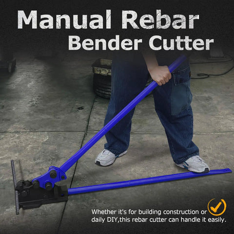 Heavy Duty Manual Rebar Cutter And Bender Tool With Removable Shears leveling rebar on a workbench, 5/8 inch capacity.