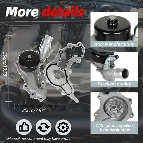 Water Pump With Gasket For Dodge Ram 1500 Charger Durango Challenger Chrysler 200 Town And Country Jeep Grand Cherokee 3 6L V6 Replacement OE 1204450 5184498AD displayed over an engine background with quality highlights