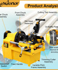 Heavy Duty Electric Pipe Threading Machine And Cutter 220V 750W Badass Pro Workhorse showing detailed parts assembly for steel pipe usage.