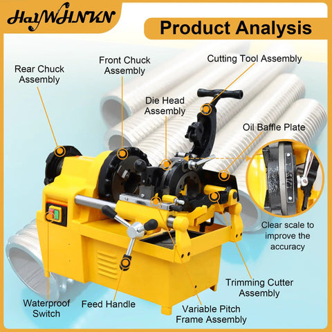 Heavy Duty Electric Pipe Threading Machine And Cutter 220V 750W Badass Pro Workhorse showing detailed parts assembly for steel pipe usage.
