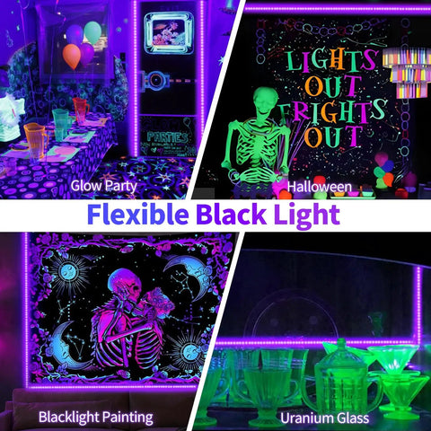 Glow party setup with 33 Foot Black Light LED Strip With Remote For Lit Glow Party Vibes And Bedroom Decor 600 LEDs Dimmable