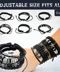 Badass Punk Leather Bracelet Set With Studded Spike Cuffs And Skull Details Kicking Up That Dope 80s Rock Vibe Premium Faux Leather Goth Accessories For Men Women shows six adjustable black faux leather bracelets on wrist.