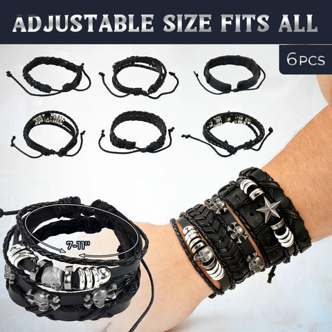 Badass Punk Leather Bracelet Set With Studded Spike Cuffs And Skull Details Kicking Up That Dope 80s Rock Vibe Premium Faux Leather Goth Accessories For Men Women shows six adjustable black faux leather bracelets on wrist.