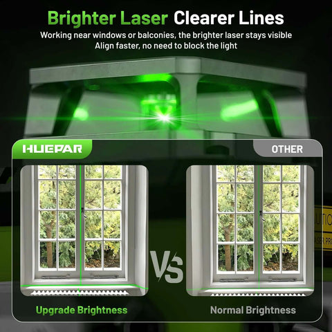 HUEPAR 360° self-leveling laser level with LCD display and green laser beams front view