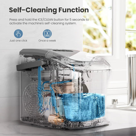 Transparent view of Portable Countertop Ice Maker With Handle Delivers 9 Bullet Shaped Ice Cubes In About 6 Minutes 26 Lbs Per Day Self Cleaning Function Includes Ice Scoop And Basket For Home Kitchen Party Ready Grey on countertop.