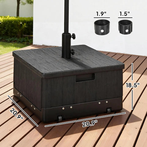 2 In 1 Outdoor Umbrella Base Planter Box With Drain Hole Heavy Duty Fillable Stand Table On Wheels, black wood-like top, deck use