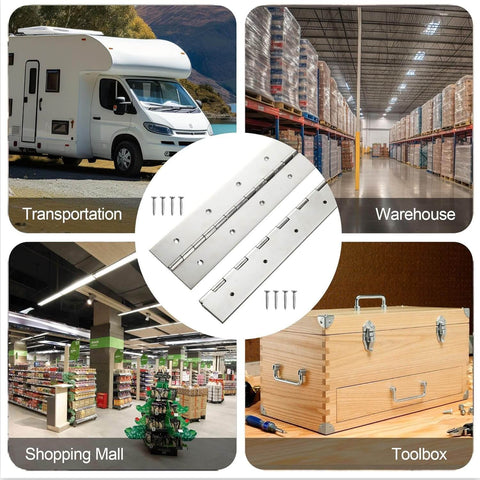 Tough As Nails Heavy Duty 16 Inch By 2 Inch Piano Hinge 0.047 Inch Thick Stainless Steel Two Pack Continuous Hinge shown in various settings