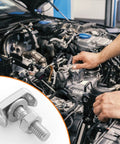 Heavy Duty Two Piece Battery Terminal T Bolt Kit Stainless Steel Replacement nuts being installed in a car engine.