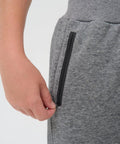 Close-up of zipper pocket on grey fleece jogger, part of Three Pack Boys Sweatpants Fleece Joggers With Zipper Pockets Cozy Everyday Lounge And Gym Class Ready For Fall Winter Size 10 12 Black Grey Dark Grey Soft Warm Fleece For Active Kids On The Go