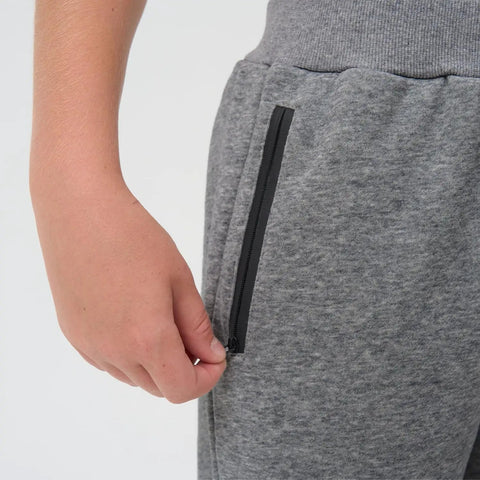 Close-up of zipper pocket on grey fleece jogger, part of Three Pack Boys Sweatpants Fleece Joggers With Zipper Pockets Cozy Everyday Lounge And Gym Class Ready For Fall Winter Size 10 12 Black Grey Dark Grey Soft Warm Fleece For Active Kids On The Go