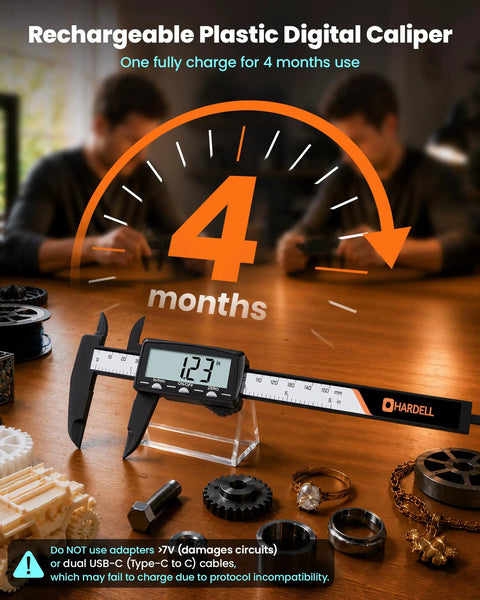 Rechargeable Digital Caliper with Large LCD Screen in mm conversion on wooden table with gears and jewelry accessories.