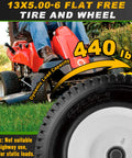 Flat Free Tire And Wheel Set 13x5.00-6 For Riding Lawn Mower shown mounted on a mower, 440 lbs capacity, suitable for turf.