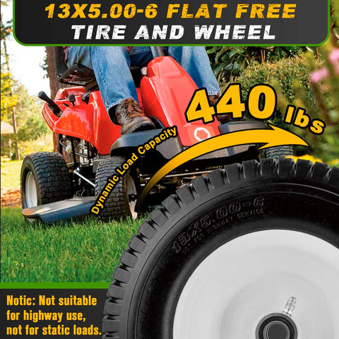 Flat Free Tire And Wheel Set 13x5.00-6 For Riding Lawn Mower shown mounted on a mower, 440 lbs capacity, suitable for turf.