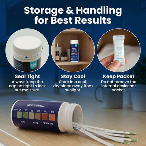 Fast 30 Second Water Hardness Test Strips For Home Use, 150 Strips container open on counter with storage tips