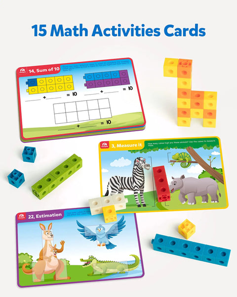 Hands On Math Manipulatives Kit For Kids Ages 3 To 8 With 100 Colorful Counting Cubes In Ten Colors and Activity Cards.