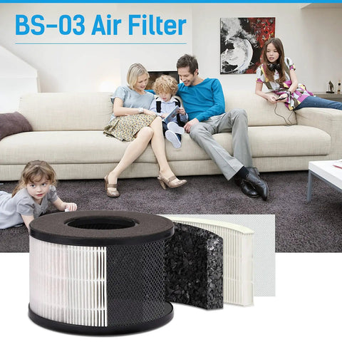 Family in living room with 3 In 1 HEPA Replacement Filter Set For BS-03 Air Purifier With Pre Filter, True HEPA, and Activated Carbon