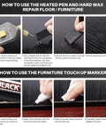 Instructions for using Boss Level Vinyl Floor Repair Kit with Heat Pen and 11 Colors for fixing scratches on laminate floors.