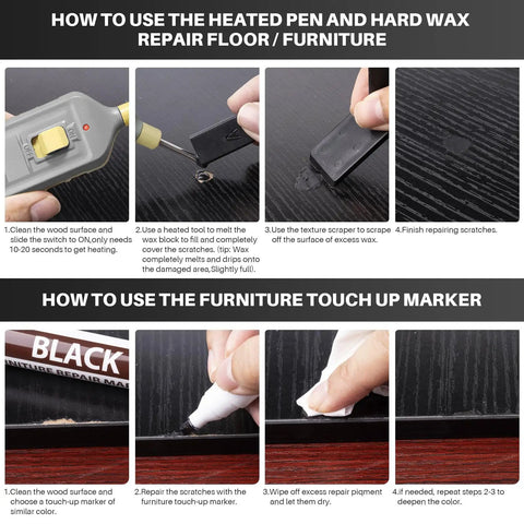 Instructions for using Boss Level Vinyl Floor Repair Kit with Heat Pen and 11 Colors for fixing scratches on laminate floors.