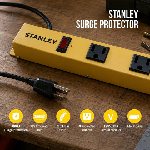 Yellow indoor surge protector power strip with 9 outlets 600 Joules of surge protection 6 ft cord 14 AWG type B plug
