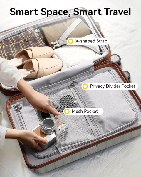Open view of Expandable Carry On Luggage 22x14x9 Inches With Spinner Wheels 20 Inch Hard Shell Suitcase In White Brown showing organized compartments.