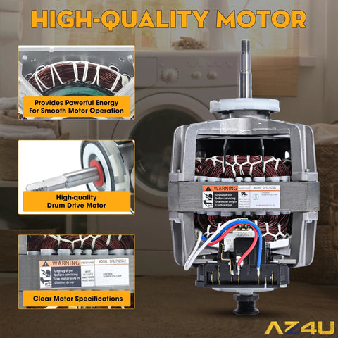 Samsung Compatible Dryer Motor Replacement DFS270ZSEL1 Induction Motor with labels and specifications visible in laundry room.