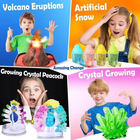 60 Plus Science Experiments Kit For Kids With Chemistry Set And Volcano Eruptions Colorful STEM Activities showing four hands-on experiments.