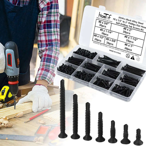 205 Pieces Black Flat Head Self Drilling Screws Set For Metal And Woodworking Phillips Drive Countersunk Self Tapping TEK Screws