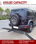 Car Hitch Motorcycle Carrier 500 Lb Heavy Duty Steel Dirt Bike Rack With Loading Ramp Anti Tilt Locking Device attached to SUV