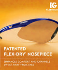 Antifog Safety Glasses Built For The Daily Grind Full Case Bulk Pack With Crystal Clear Lenses And Flexible Metallic Blue Frames side view showcasing nosepiece.