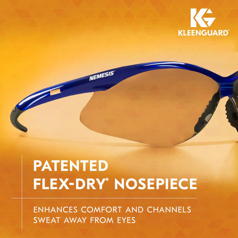Antifog Safety Glasses Built For The Daily Grind Full Case Bulk Pack With Crystal Clear Lenses And Flexible Metallic Blue Frames side view showcasing nosepiece.