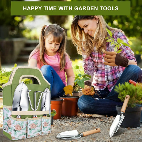 Mother and daughter gardening with All In One Garden Tool Set For Beginners And Weekend Warriors visible with tool bag and tools.