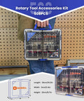 Person holding 508-piece rotary tool bits kit, showing assorted bits for Dremel and other brands, universal set with storage case.