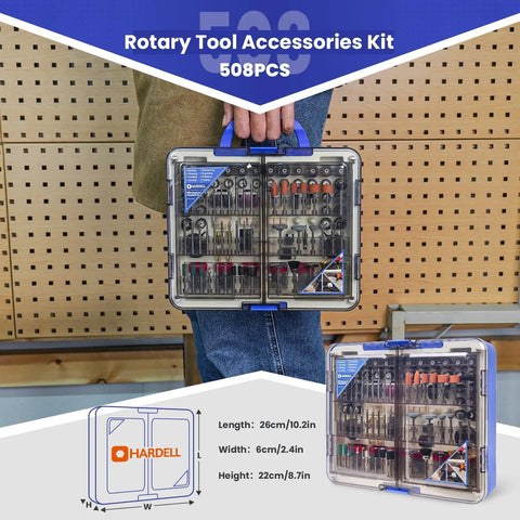 Person holding 508-piece rotary tool bits kit, showing assorted bits for Dremel and other brands, universal set with storage case.