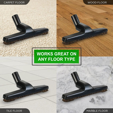 One Stop Universal Vacuum Floor Brush 10 Inch Wide With Soft Bristles For Non Scratch Cleaning On Hard Floors shown on various surfaces